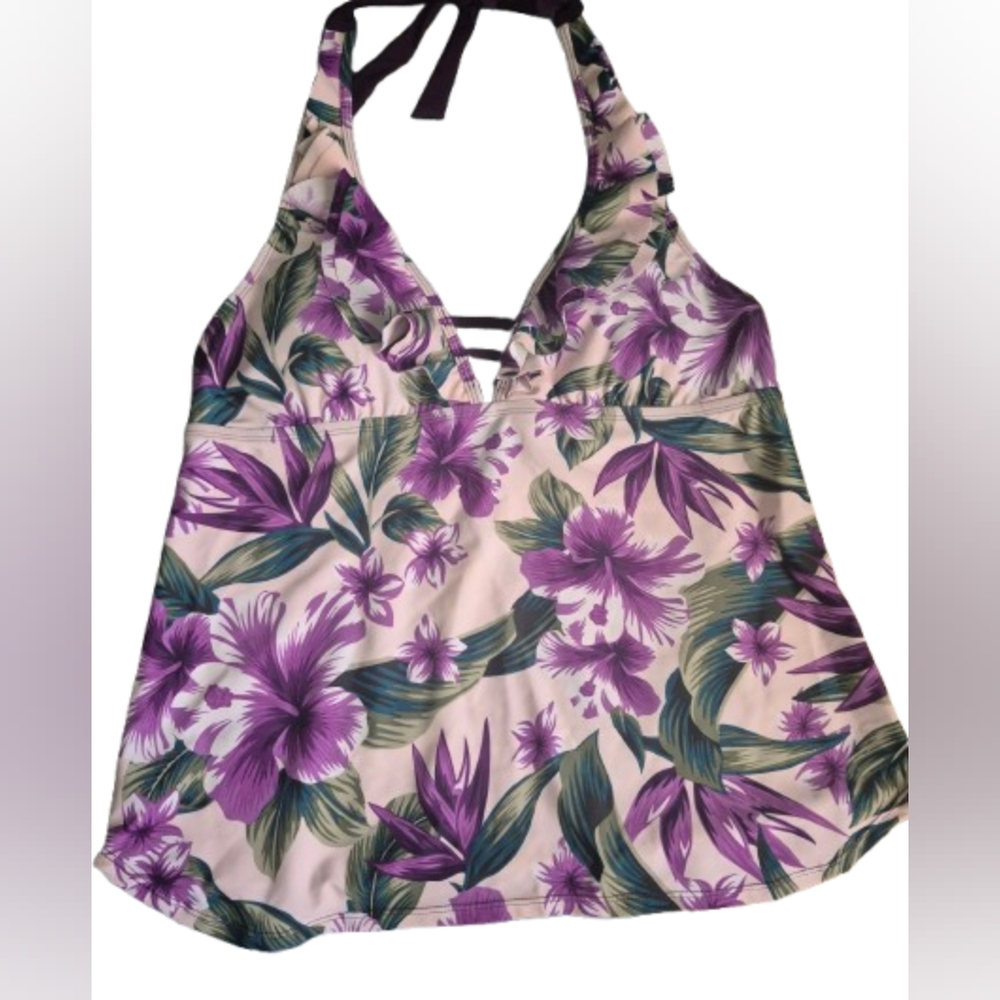 A.N.A Floral Halter Top - Purple and Green Tankini XL